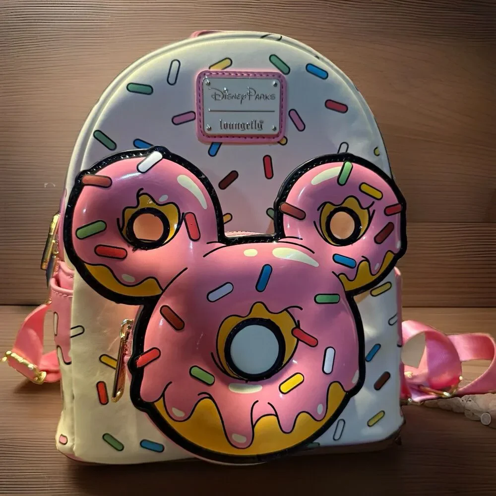 Disney Parks Loungefly Mickey Mouse Donut Sprinkles Mini Backpack Faux Leather.